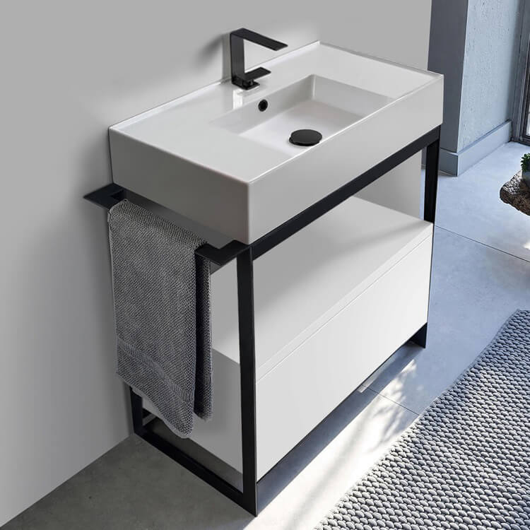 Console Bathroom Vanity, Scarabeo 5123-SOL1-01, Console Sink Vanity With Ceramic Sink and Glossy White Drawer, 35